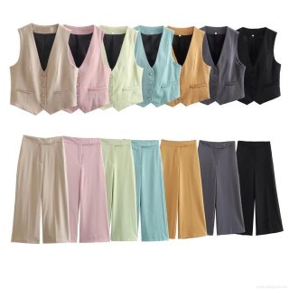Women's 2 Piece Casual Business Outfits 100% Polyester Sleeveless V Neck Single Breasted Vest Waistcoat And High Waist Wide Leg Pants Set Solid Color Streetwear Set For Women