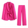 Women's Polyester Blazer Pants Set With Belt Solid Color Long Sleeve Suit Jacket Wide Leg Trousers For Office Commute Streetwear Lady Career Wear