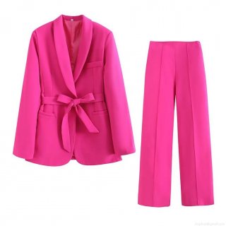 Women's Polyester Blazer Pants Set With Belt Solid Color Long Sleeve Suit Jacket Wide Leg Trousers For Office Commute Streetwear Lady Career Wear