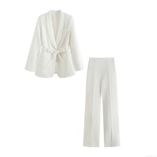 Women's Elegant 2 Piece Blazer and Pants Set Polyester Tie Waist Long Sleeve Lapel Jacket High Waist Wide Leg Trousers Business Casual Suits for Office Party