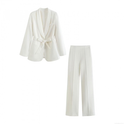 Women's Elegant 2 Piece Blazer and Pants Set Polyester Tie Waist Long Sleeve Lapel Jacket High Waist Wide Leg Trousers Business Casual Suits for Office Party