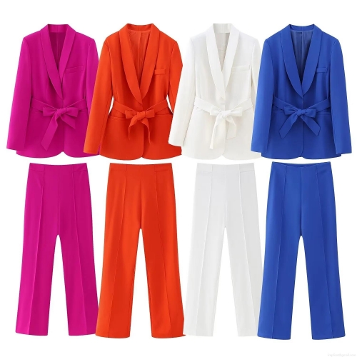 Elegant Women's Blazer Pant Set Long Sleeve Belted Waist Office Lady Business Suit High Waist Straight Trousers Two Piece Outfits Party Wedding Guest Sets