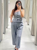 Women Fashion Grey Two Piece Suit Asymmetric One Shoulder Button Vest And High Waist Wide Leg Pants Set Polyester Woven Office Lady Streetwear Outfit