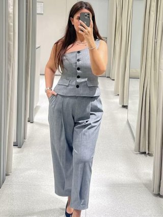 Women Fashion Grey Two Piece Suit Asymmetric One Shoulder Button Vest And High Waist Wide Leg Pants Set Polyester Woven Office Lady Streetwear Outfit