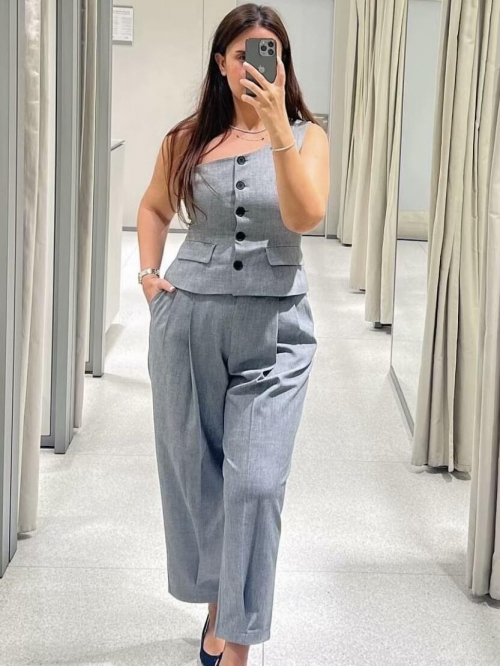 Women Fashion Grey Two Piece Suit Asymmetric One Shoulder Button Vest And High Waist Wide Leg Pants Set Polyester Woven Office Lady Streetwear Outfit