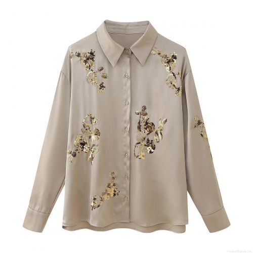 Women's Two Piece Set Sequin Floral Embroidery Satin Polyester Long Sleeve Button Down Shirt and Wide Leg Pants Casual Streetwear Party Outfits Elegant Evening Loungewear