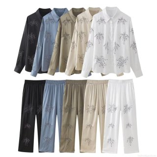 Women's Two Piece Pants Set Elegant Satin Floral Embroidered Beading Long Sleeve Shirt High Waist Wide Leg Trousers Casual Outfits