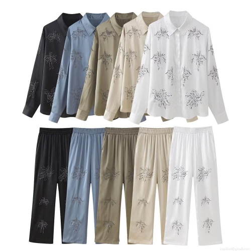 Women's Two Piece Pants Set Elegant Satin Floral Embroidered Beading Long Sleeve Shirt High Waist Wide Leg Trousers Casual Outfits