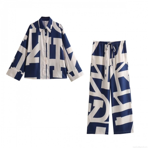 Women's Two Piece Set Geometric Letter Print Long Sleeve Button Down Shirt and Drawstring Wide Leg Pants Casual Outfits Loungewear Streetwear Tracksuit
