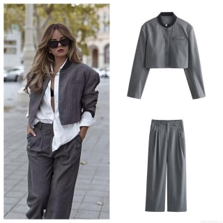 Women's 2 Piece Striped Polyester Suit Casual Cropped Jacket with Wide Leg Trousers Sets for Work Streetwear Summer Autumn Fashion