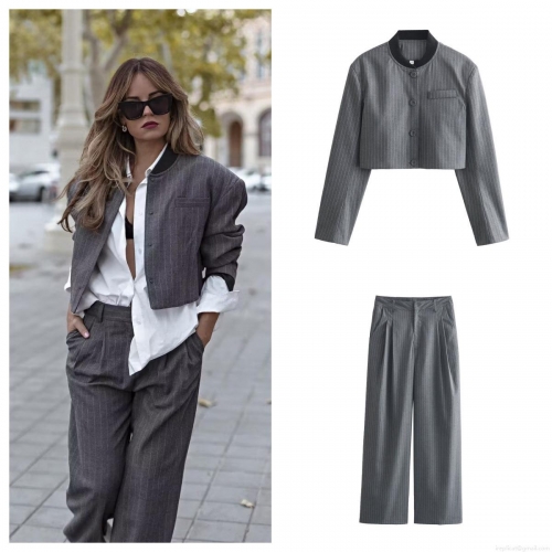 Women's 2 Piece Striped Polyester Suit Casual Cropped Jacket with Wide Leg Trousers Sets for Work Streetwear Summer Autumn Fashion
