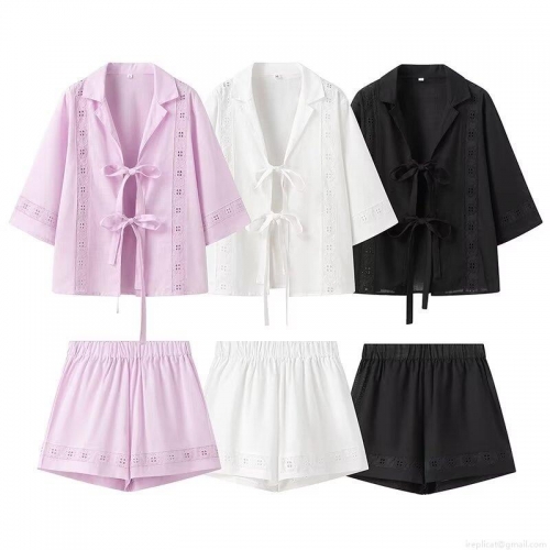 Women's Summer 2-Piece Set Polyester Hollow Out Lace Tie-Front Long Sleeve Shirt And Elastic Waist Shorts Casual Solid Color Beach Vacation Streetwear Outfits