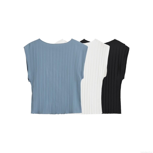 Women's 2 Piece Pleated Outfits Sleeveless Round Neck Top and High Waist Wide Leg Pants Set Summer Casual Streetwear Tracksuit