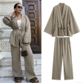 Women's 2 Piece Pants Set Kimono Wrap Tie Top and Wide Leg Trousers Polyester Linen Texture Casual Long Sleeve V Neck Summer Beach Vacation Outfits
