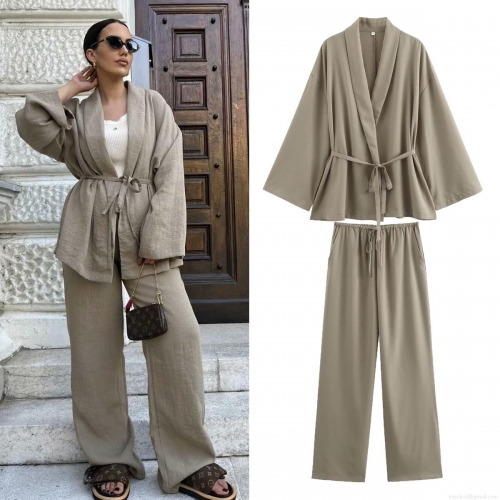 Women's 2 Piece Pants Set Kimono Wrap Tie Top and Wide Leg Trousers Polyester Linen Texture Casual Long Sleeve V Neck Summer Beach Vacation Outfits