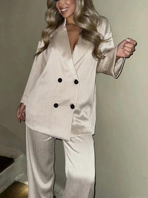Women Double Breasted Satin Pleated Blazer And Wide Leg Pants Two Piece Set Loose Long Sleeve Casual Office Lady Streetwear Suit Pink Black Apricot