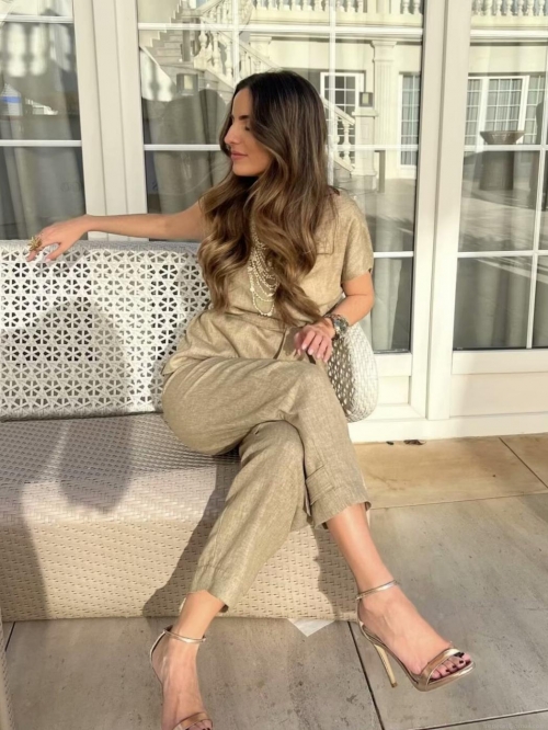 Women Fashion Two Piece Pants Set Sleeveless Asymmetric Belted Top and Straight 9-Point Pants Solid Color Elegant Street Casual Woven Polyester Outfit