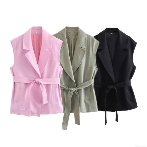 Women's 2-Piece Suit Sleeveless Lapel Waistcoat Vest and Wide Leg Long Pants Set with Belt Solid Color Casual Business Commute Streetwear Outfits for Women