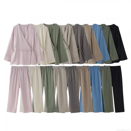 Women's 2 Piece Kimono Lounge Set Loose Long Sleeve Wrap Tie Top and Wide Leg Pants Casual Summer Streetwear Outfit Polyester Solid Suit