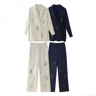 Women's Elegant Satin Two Piece Suit Set Sequin Flower Blazer Jacket And Wide Leg Pants Casual Streetwear Party Outfits Lady