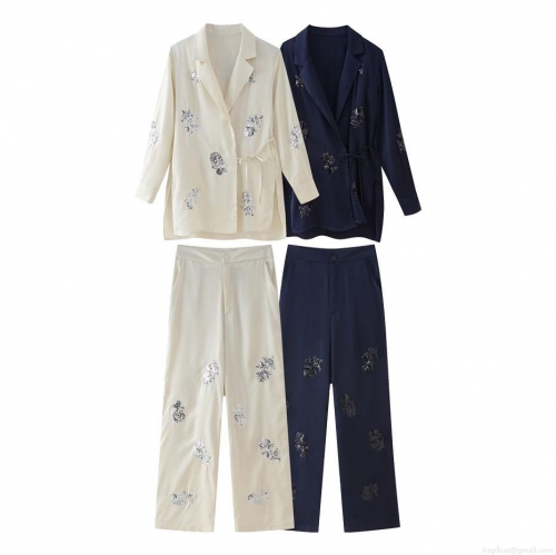 Women's Elegant Satin Two Piece Suit Set Sequin Flower Blazer Jacket And Wide Leg Pants Casual Streetwear Party Outfits Lady