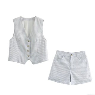 Women's Casual Summer Blue and White Striped Vest and Shorts Set V Neck Single Breasted Button Vest With High Waist Pocket Shorts Streetwear Polyester Tracksuit
