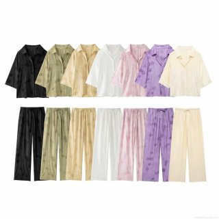 Women's 2-Piece Casual Set Polyester Jacquard Short Sleeve Lapel Button Shirt and Elastic Drawstring Wide Leg Pants Summer Streetwear Outfit