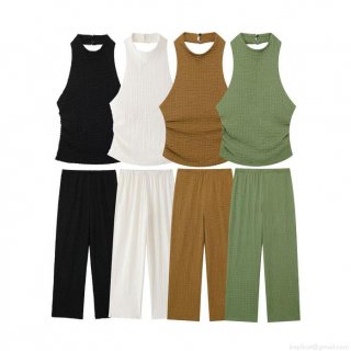 Women's 2 Piece Summer Outfits Halter Neck Backless Slim Fit Tank Top and High Waist Wide Leg Pants Set Textured Waffle Knit Casual Streetwear Set