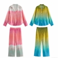 Women's Two Piece Set Tie Dye Gradient Satin Polyester Long Sleeve Button Down Shirt and High Waist Wide Leg Pants Casual Streetwear Outfits