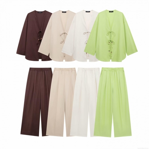 Women's New Chinese Style Cotton Linen Two Piece Outfits Loose Kimono Jacket And Wide Leg Pants Set Casual Long Sleeve Tie Up Cardigan With Wood Beads