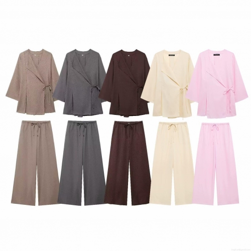 Women Casual Pants Set Two Piece Outfits Cotton Linen Blend V Neck Kimono Wrap Tie Up Long Sleeve Top Wide Leg Drawstring Pants Lounge Wear Streetwear Solid Color Set