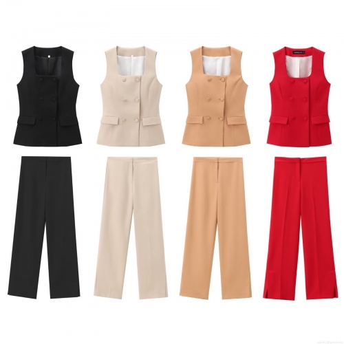 Women Fashion Double Breasted Square Neck Vest And High Waist Wide Leg Long Pants Set Elegant Solid Color Office Commuter Two Piece Outfits For Autumn Spring
