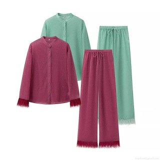 Women's Luxury Lurex Ostrich Feather Trim Shirt And Wide Leg Pants Two Piece Set Elegant Stand Collar Long Sleeve Blouse And Trousers Party Outfits