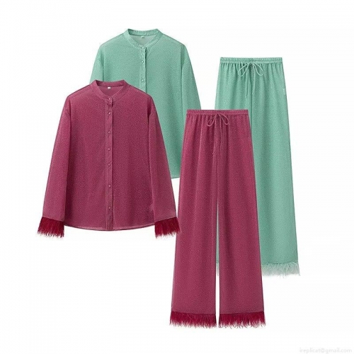 Women's Luxury Lurex Ostrich Feather Trim Shirt And Wide Leg Pants Two Piece Set Elegant Stand Collar Long Sleeve Blouse And Trousers Party Outfits