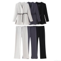Women's 2-Piece Blazer Set V-Neck Belted Blazer and Straight Leg Pants Office Lady Professional Suit Solid Color Long Sleeve Outfits Streetwear Autumn Fashion