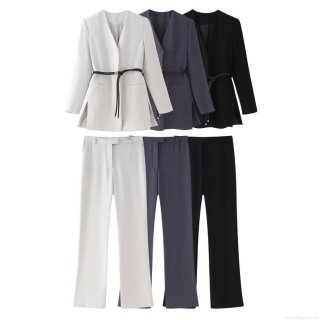Women's 2-Piece Blazer Set V-Neck Belted Blazer and Straight Leg Pants Office Lady Professional Suit Solid Color Long Sleeve Outfits Streetwear Autumn Fashion