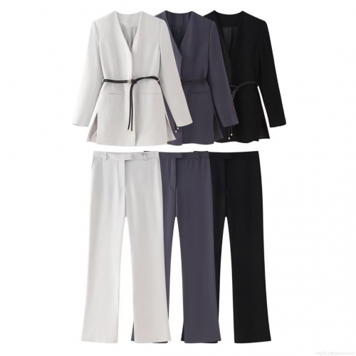 Women's 2-Piece Blazer Set V-Neck Belted Blazer and Straight Leg Pants Office Lady Professional Suit Solid Color Long Sleeve Outfits Streetwear Autumn Fashion