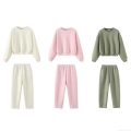 Women's Casual Cotton Blend Fleece Sweatshirt and Straight Leg Pants Two Piece Set Minimalist Solid Color Long Sleeve Drop Shoulder Lounge Wear Streetwear Outfits