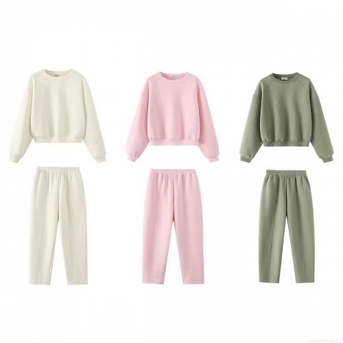 Women's Casual Cotton Blend Fleece Sweatshirt and Straight Leg Pants Two Piece Set Minimalist Solid Color Long Sleeve Drop Shoulder Lounge Wear Streetwear Outfits