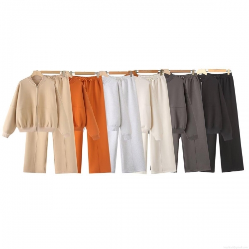 Women's Two Piece Outfits Casual Zipper Bomber Jacket Sweatshirt And High Waist Wide Leg Pants Set Solid Color Loose Tracksuit Streetwear Lounge Set
