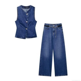 Women's Denim Two Piece Set Sleeveless V Neck Vest And High Waisted Wide Leg Jeans With Belt Metal Chain Casual Streetwear Outfit For Ladies