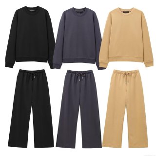Women's Casual Two Piece Sweatshirt And Pants Set Polyester Knit Blend Streetwear Solid Color Crewneck Long Sleeve Top And Side Split Wide Leg Drawstring Pants For Daily Sports Outdoor Autumn
