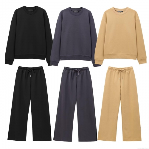 Women's Casual Two Piece Sweatshirt And Pants Set Polyester Knit Blend Streetwear Solid Color Crewneck Long Sleeve Top And Side Split Wide Leg Drawstring Pants For Daily Sports Outdoor Autumn