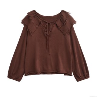 Women's 2-Piece Knit Pants Set Long Sleeve Ruffle Tie-Up Top And Wide Leg Trousers Polyester Solid Color Autumn Casual Streetwear Co-ord Set