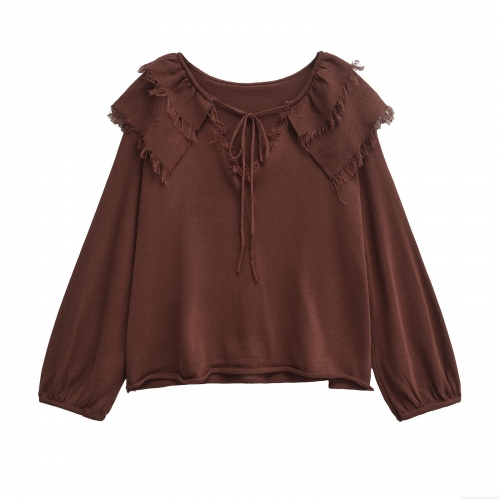 Women's 2-Piece Knit Pants Set Long Sleeve Ruffle Tie-Up Top And Wide Leg Trousers Polyester Solid Color Autumn Casual Streetwear Co-ord Set