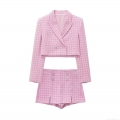 Women's Pink Houndstooth Tweed Suit Set Elegant Pearl Button Double Breasted Short Blazer And High Waist Culottes Two Piece Outfits For Office Party Lady