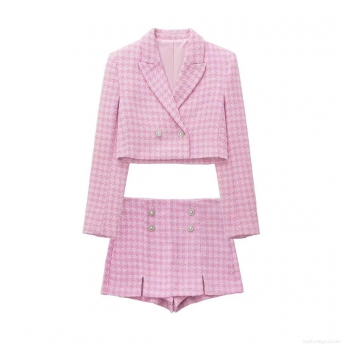 Women's Pink Houndstooth Tweed Suit Set Elegant Pearl Button Double Breasted Short Blazer And High Waist Culottes Two Piece Outfits For Office Party Lady