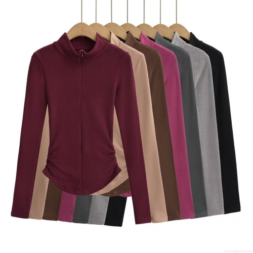 Women's Winter Fashion Tight Stand Collar Half Zipper Ruched Side Long Sleeve Top And High Waist Flare Leg Pants Casual Two Piece Set Polyester Solid Color Streetwear Tracksuit