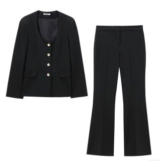 Women's 2 Piece Blazer Pants Set Elegant Round Neck Long Sleeve Metal Button Blazer High Waist Flare Pants Business Office Casual Streetwear