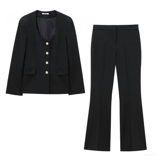 Women's 2 Piece Blazer Pants Set Elegant Round Neck Long Sleeve Metal Button Blazer High Waist Flare Pants Business Office Casual Streetwear